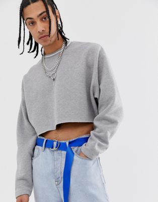 ASOS DESIGN - Cropped oversized sweatshirt in gemêleerd grijs met een gekleurd randje en onafgewerkte zoom