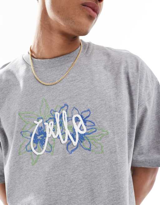 ASOS DESIGN - Cropped oversized T-shirt met bloemenborduursel en tekstprint in gemêleerd grijs, 3 van 4