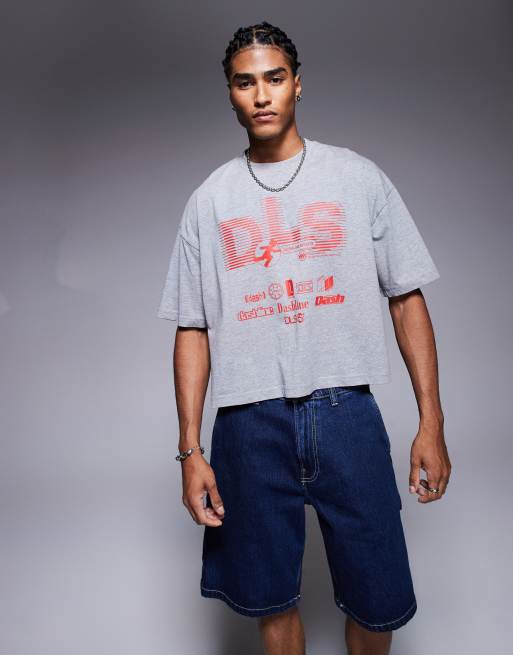 ASOS DESIGN - Cropped oversized T-shirt met grafische sportprint in gemêleerd grijs, 4 van 4