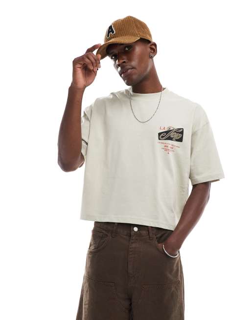 ASOS DESIGN - Cropped oversized T-shirt met grafische stadsprint in beige, 2 van 4