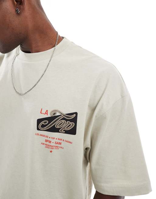 ASOS DESIGN - Cropped oversized T-shirt met grafische stadsprint in beige, 3 van 4