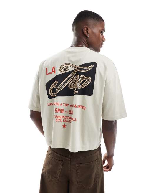 ASOS DESIGN - Cropped oversized T-shirt met grafische stadsprint in beige, 4 van 4