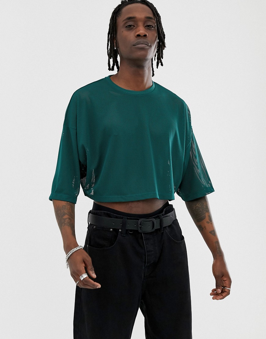 ASOS DESIGN - Cropped oversized T-shirt met halflange mouwen en mesh-Groen