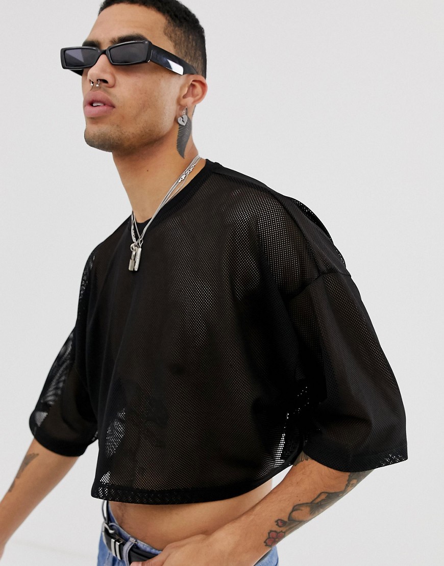 ASOS DESIGN - Cropped oversized T-shirt met halflange mouwen van mesh in zwart