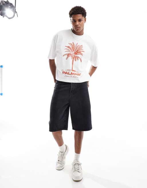 ASOS DESIGN - Cropped oversized T-shirt met print op de voorkant in gebroken wit
