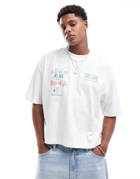 ASOS DESIGN - Cropped oversized T-shirt met print op de voorkant in wit - view 1