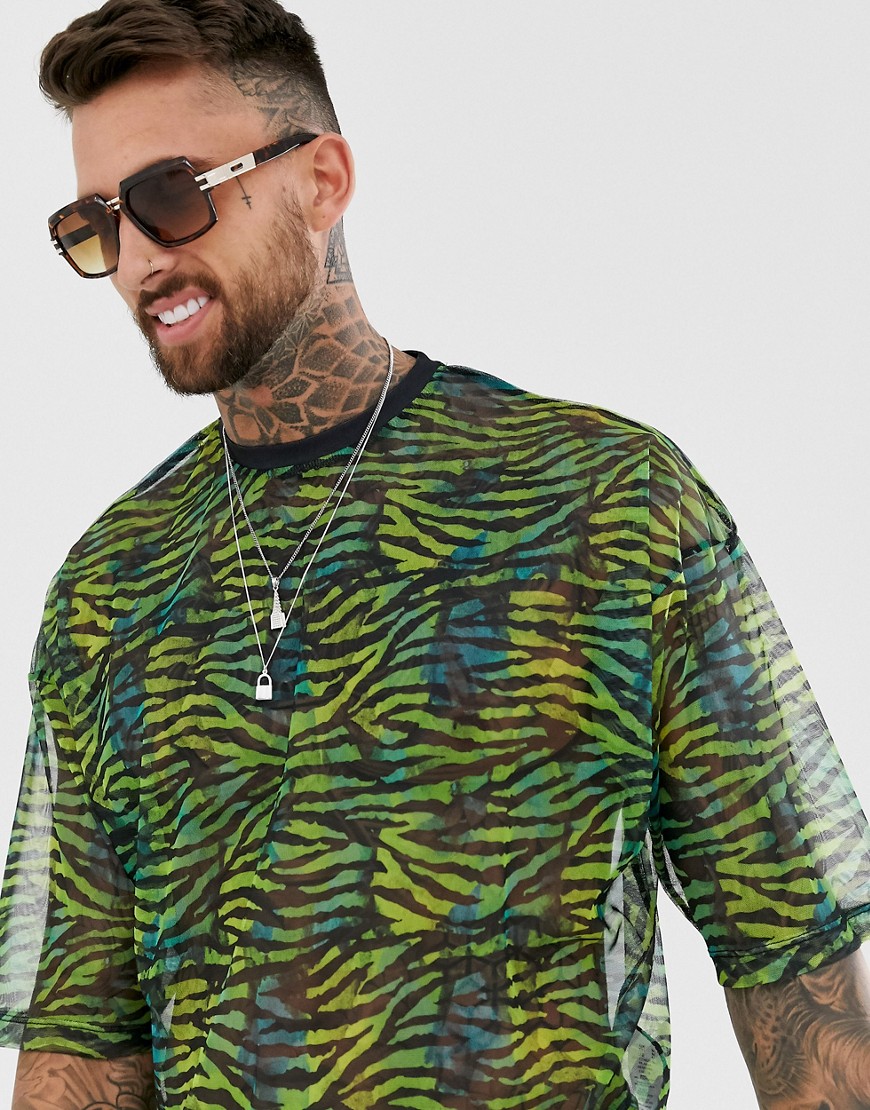 ASOS DESIGN - Cropped oversized T-shirt van mesh met neonkleurige dierenprint-Groen