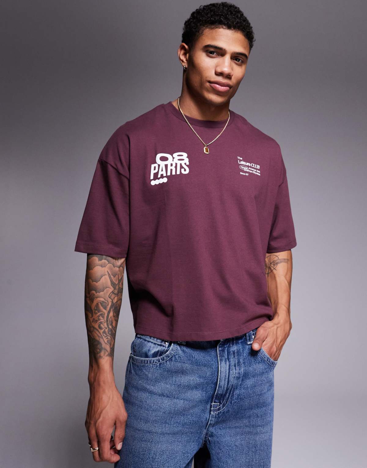 ASOS DESIGN cropped oversized t-shirt with graphics in burgundy