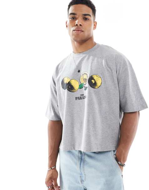 ASOS DESIGN cropped oversized t-shirt with lemon graphic in gray heather - view 1
