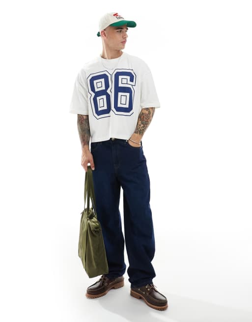 ASOS DESIGN cropped oversized T-shirt with sports graphic in off white
