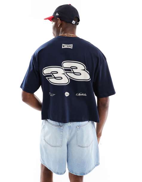 ASOS DESIGN cropped oversized t-shirt with street graphic in navy - view 1
