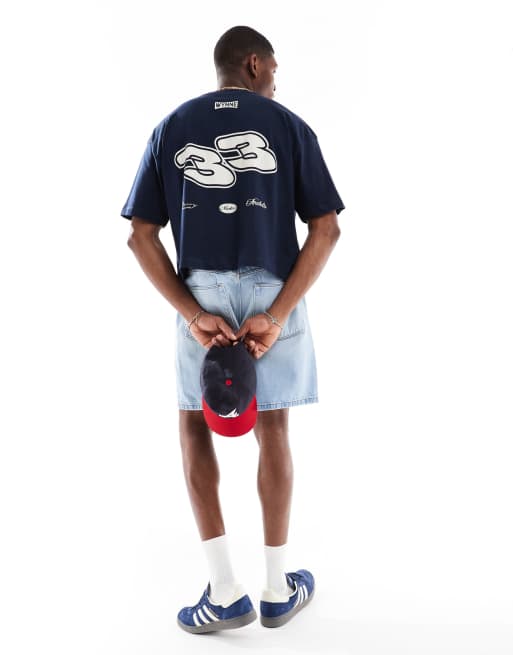 ASOS DESIGN cropped oversized t-shirt with street graphic in navy, 3 of 4