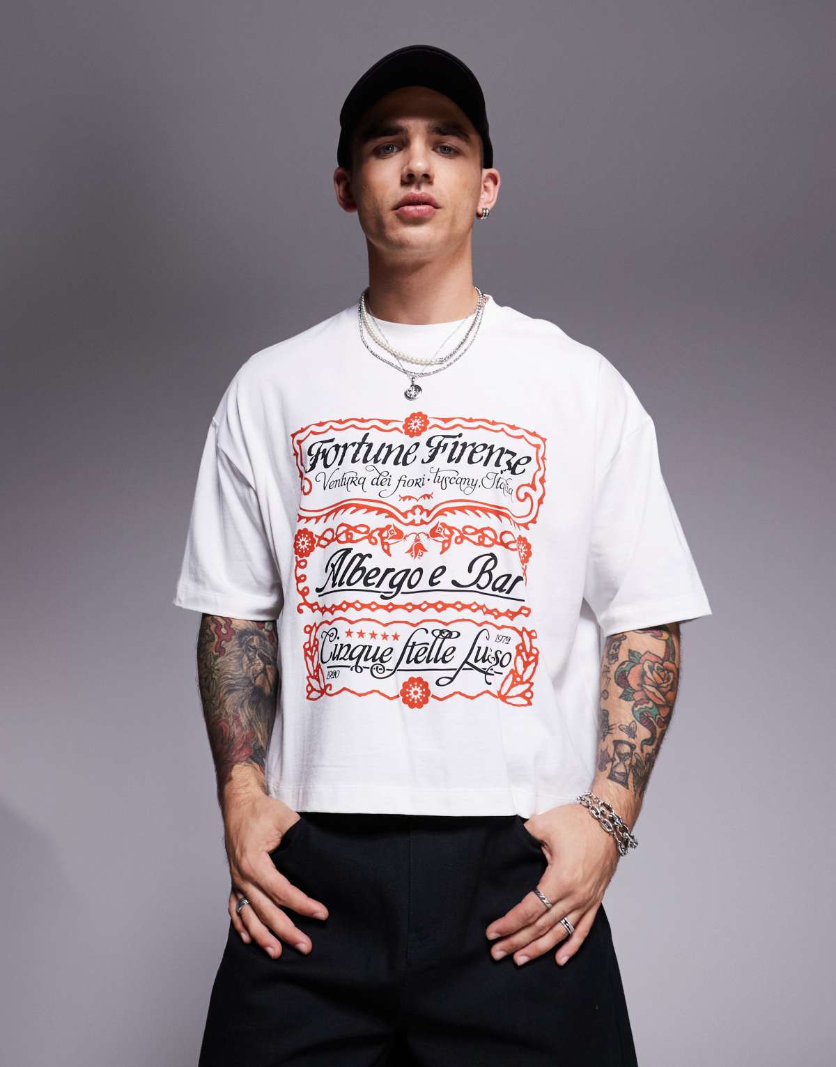 ASOS DESIGN cropped oversized t-shirt with text graphic in off white