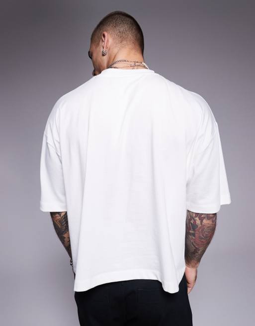 ASOS DESIGN cropped oversized T-shirt with text graphic in off white