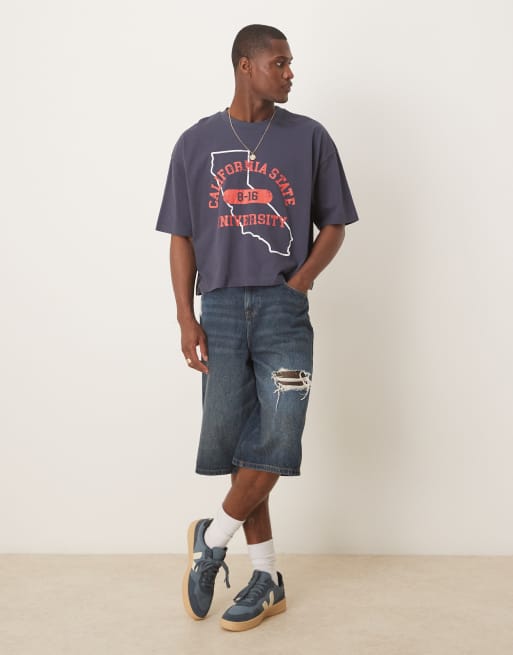 ASOS DESIGN cropped oversized T-shirt with varsity graphic in navy