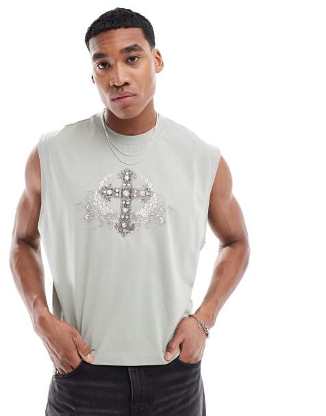 ASOS DESIGN cropped oversized vest in grey with cross front print - view 1