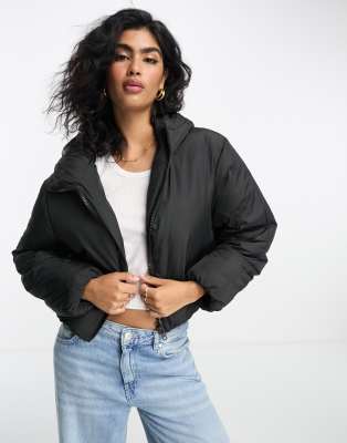 Asos Design Cropped Padded Jacket With Hood In Black