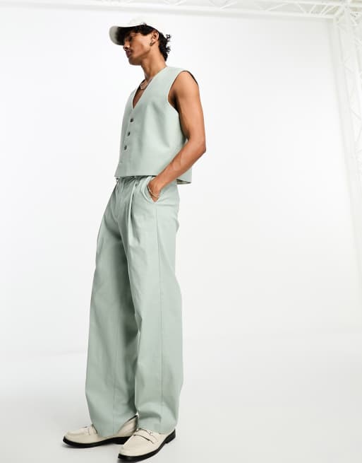 ASOS DESIGN - Cropped pantalon met wijde pijpen van linnenmix in saliegroen
