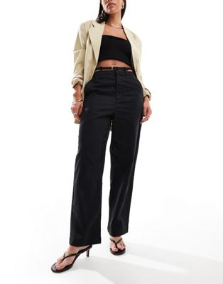 Asos Design Cropped Pants With Belt Detail With Linen In Black