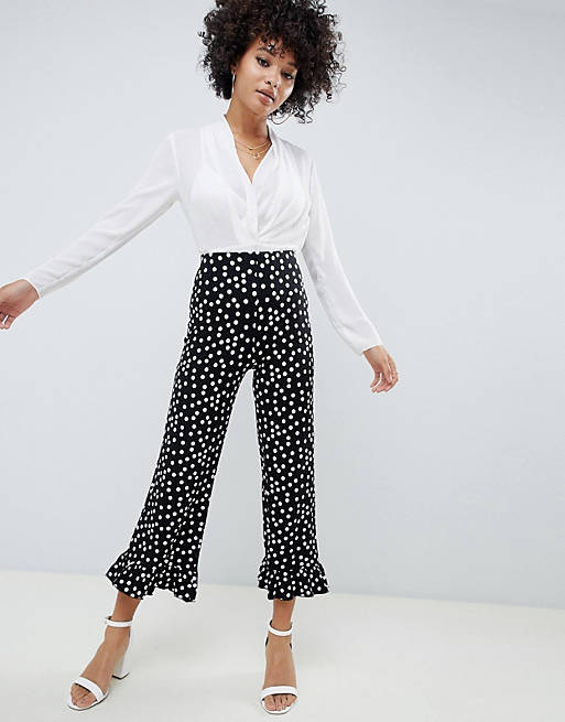 ASOS DESIGN cropped pants with fluted ruffle hem in polka dot 
