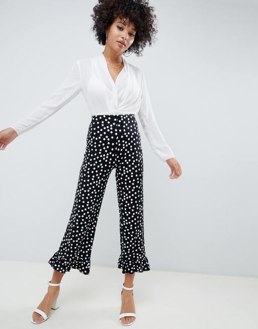 ASOS DESIGN cropped pants with fluted ruffle hem in polka dot