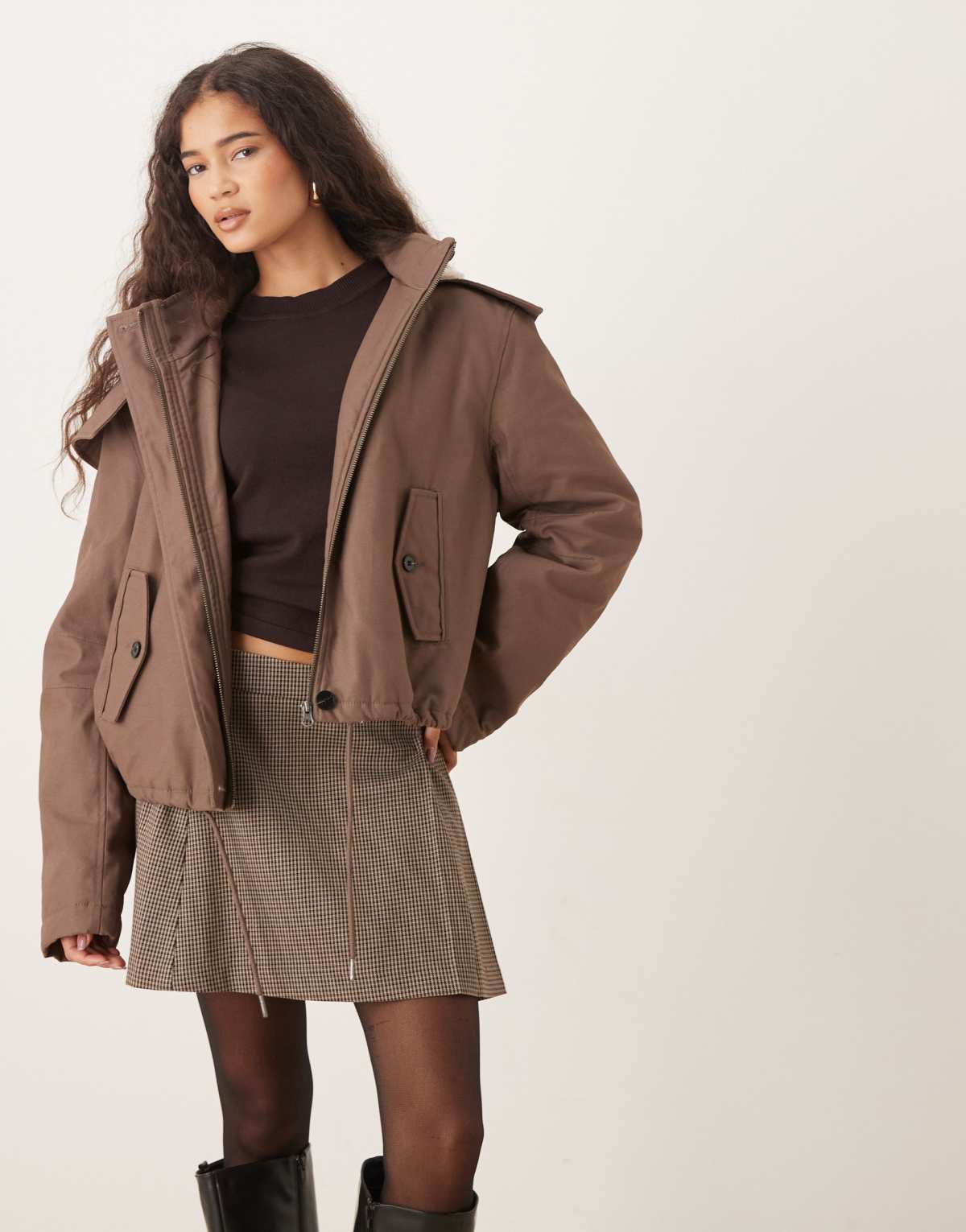 ASOS DESIGN cropped parka with borg lined hood in brown
