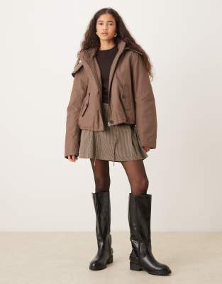 Asos Design Cropped Parka With Borg Lined Hood In Brown