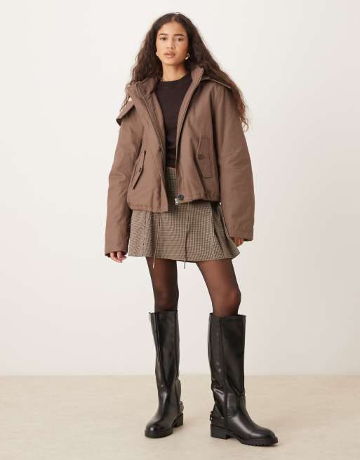 ASOS DESIGN cropped parka with borg lined hood in brown