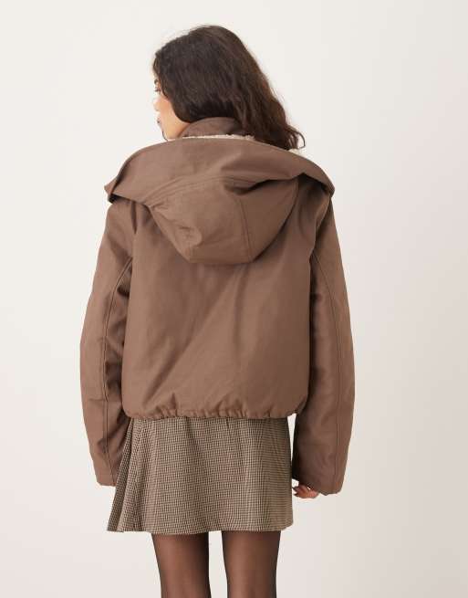 ASOS DESIGN cropped parka with borg lined hood in brown