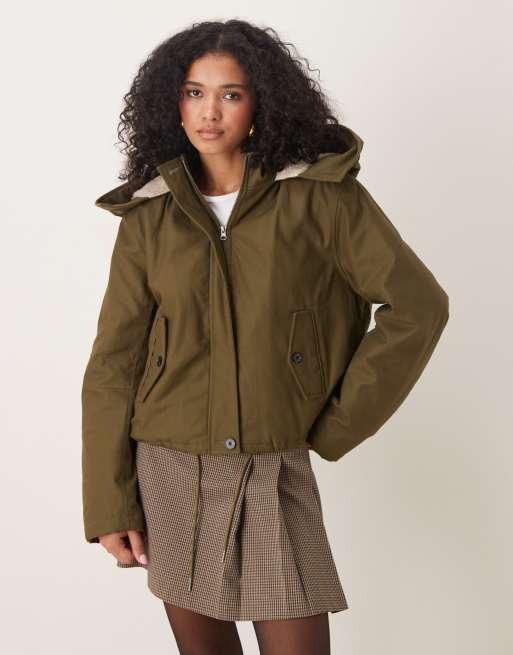 ASOS DESIGN cropped parka with borg lined hood in khaki | ASOS