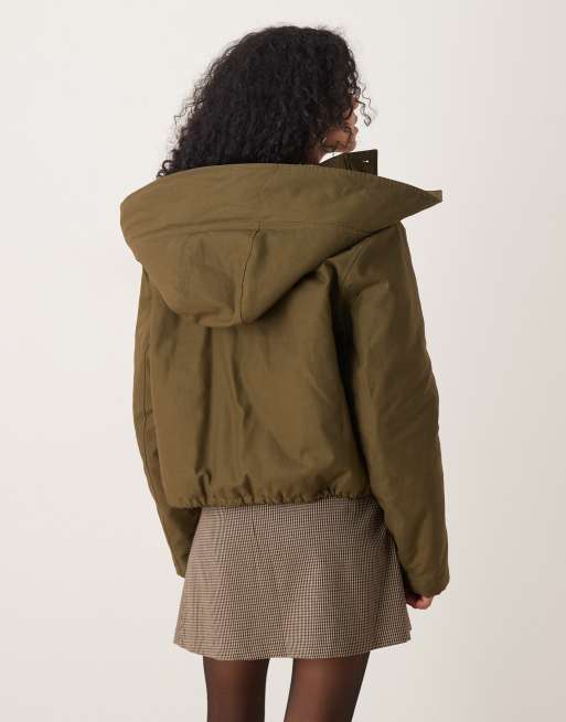 ASOS DESIGN cropped parka with borg lined hood in khaki | ASOS