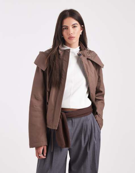 ASOS DESIGN cropped parka with hood in brown - view 1