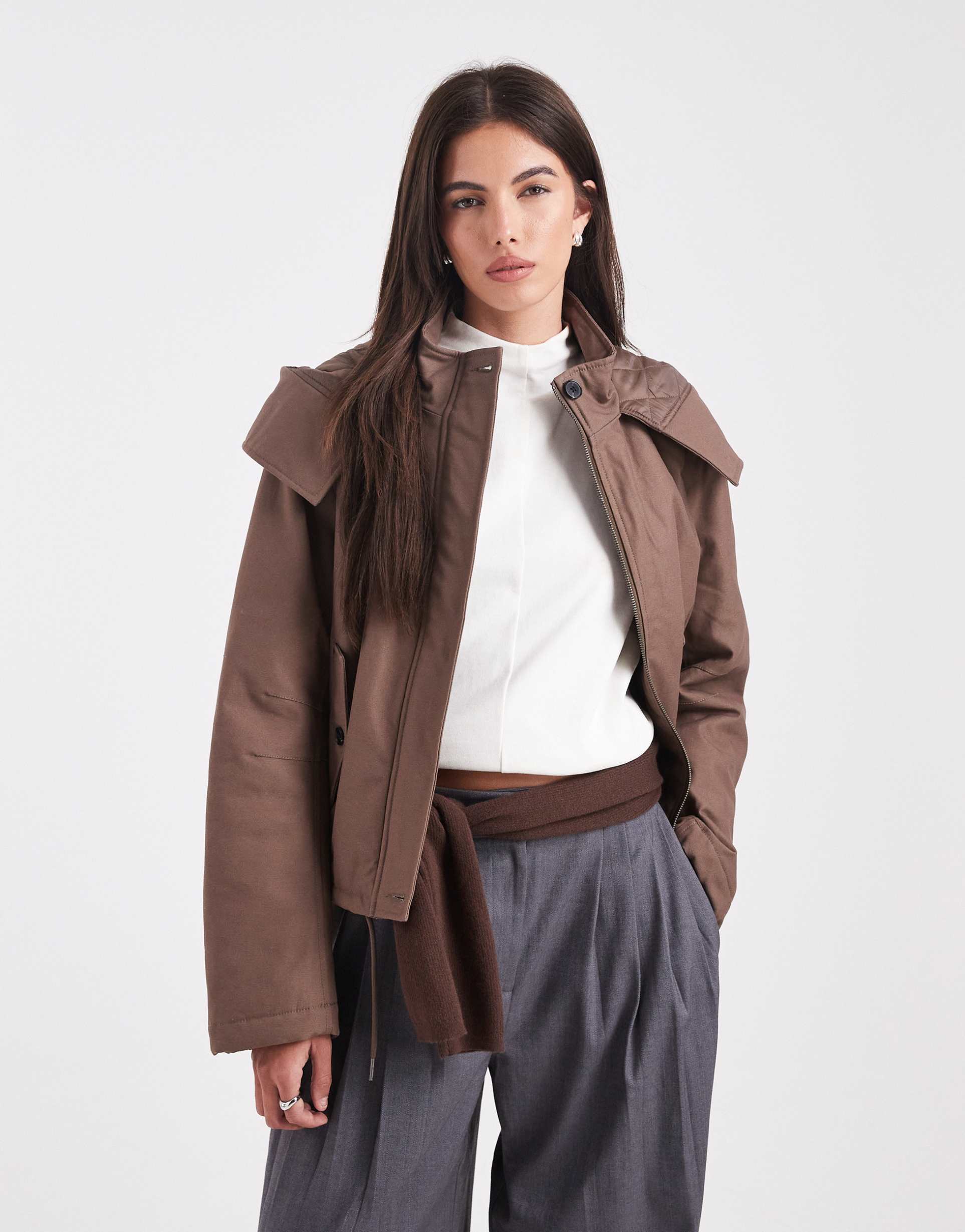 asos design cropped parka with hood in brown