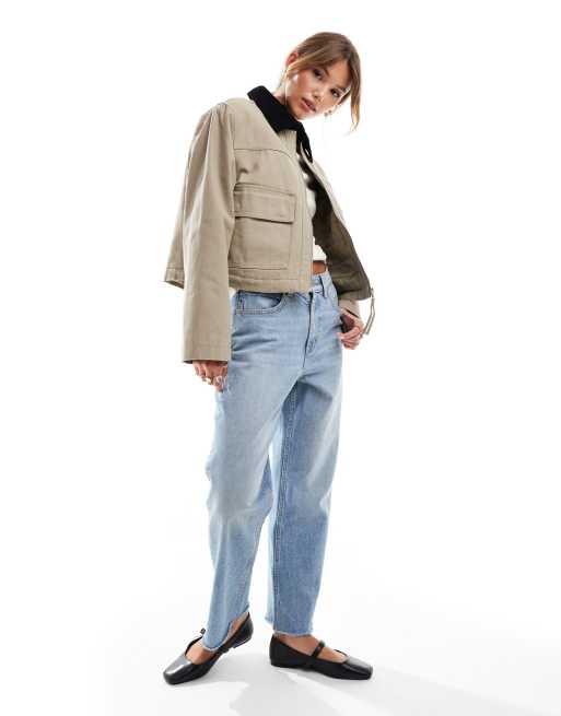 ASOS DESIGN cropped pocket canvas jacket in stone, 2 of 4