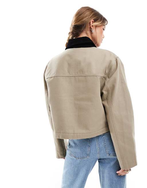 ASOS DESIGN cropped pocket canvas jacket in stone, 4 of 4