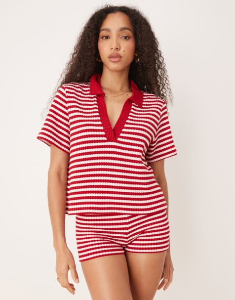 ASOS DESIGN cropped polo collar top in knit red and white stripes - part of a set - view 1