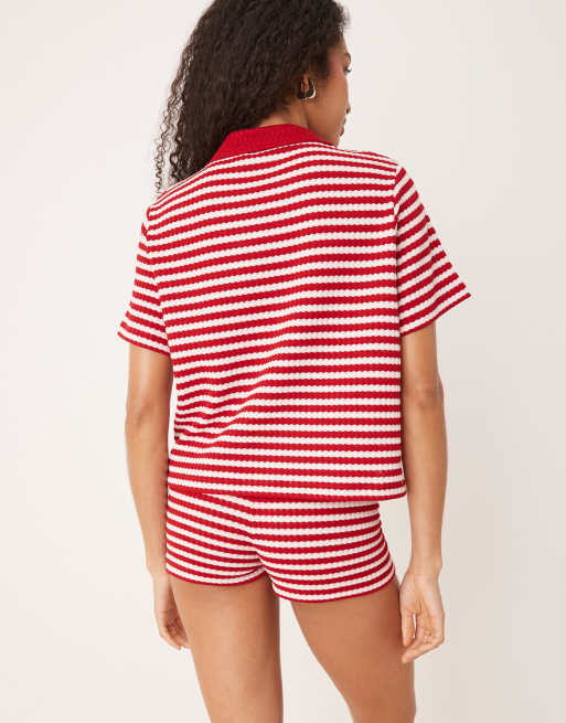 ASOS DESIGN cropped polo collar top in knit red and white stripes - part of a set