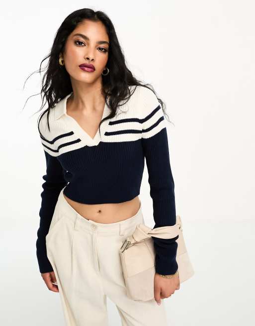 Black Stripe Collar Polo Long Sleeve Crop Top