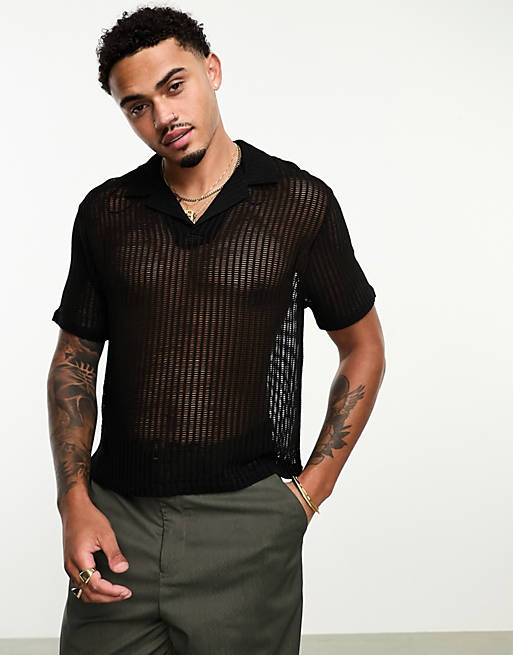 ASOS DESIGN cropped polo shirt with revere collar in black mesh |