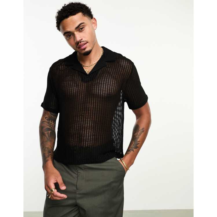 ASOS DESIGN cropped polo shirt with revere collar in black open mesh