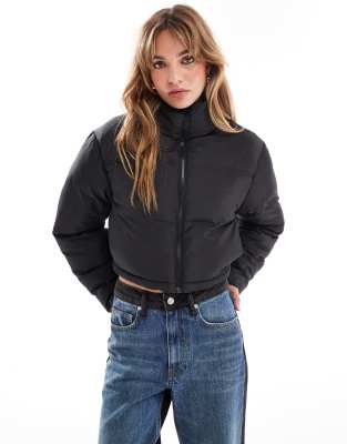 Asos Design Cropped Puffer Jacket In Black