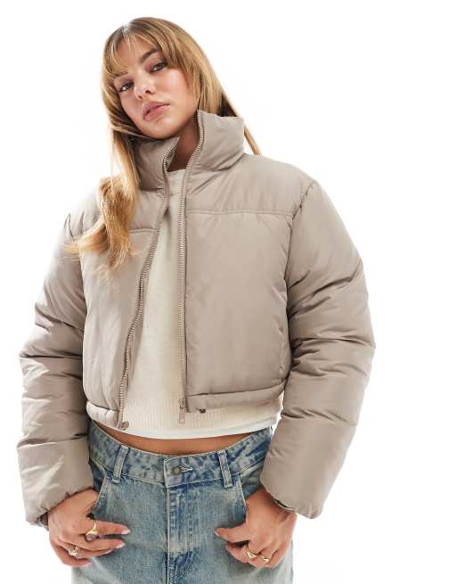 Asos Design Cropped Puffer Jacket In Mushroom Asos