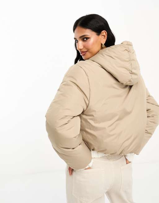 ASOS DESIGN cropped puffer jacket with hood in putty