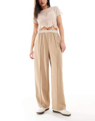 cropped pull on pants with contrast waist in taupe-Brown