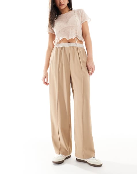 ASOS DESIGN cropped pull on trousers with contrast waist in camel - view 1