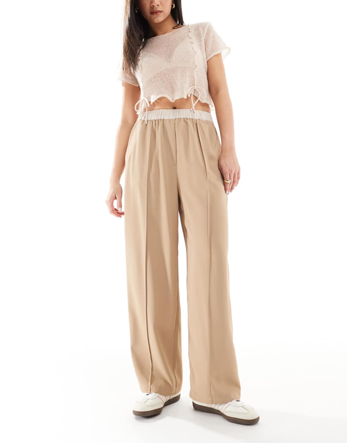ASOS DESIGN cropped pull on trousers with contrast waist in camel
