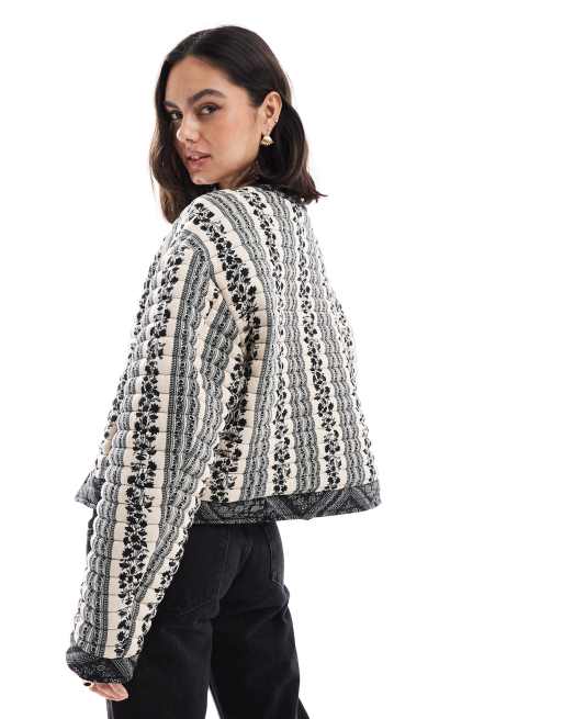 ASOS DESIGN cropped quilted patchwork jacket in black and white floral, 3 of 4
