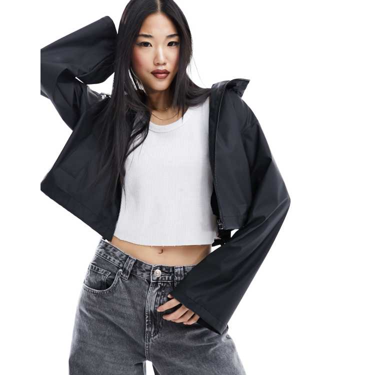 アウターその他 ROCKCAKE Coated Crop Hoodie Jacket Black RC24JK01400 Women Leather Jacket Slim Fit Cropped Streetwear Faux