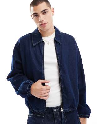 cropped raw denim harrington jacket with contrast stitch-Blue