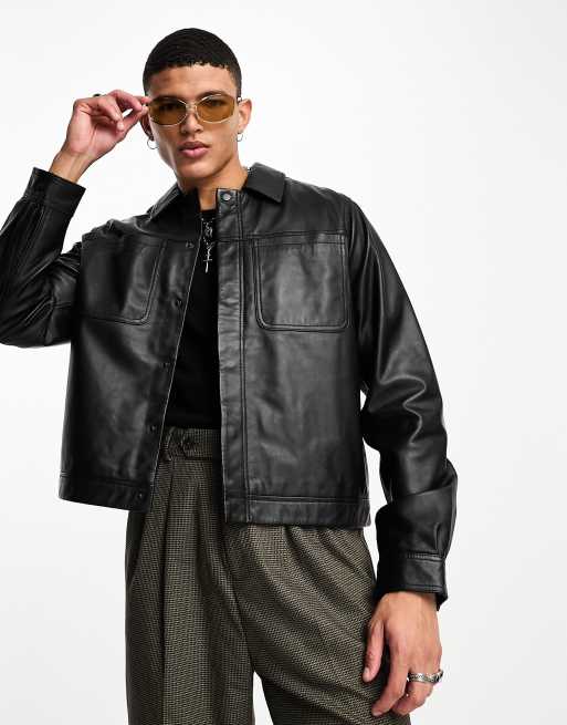 ASOS DESIGN cropped real leather harrington jacket in black | ASOS